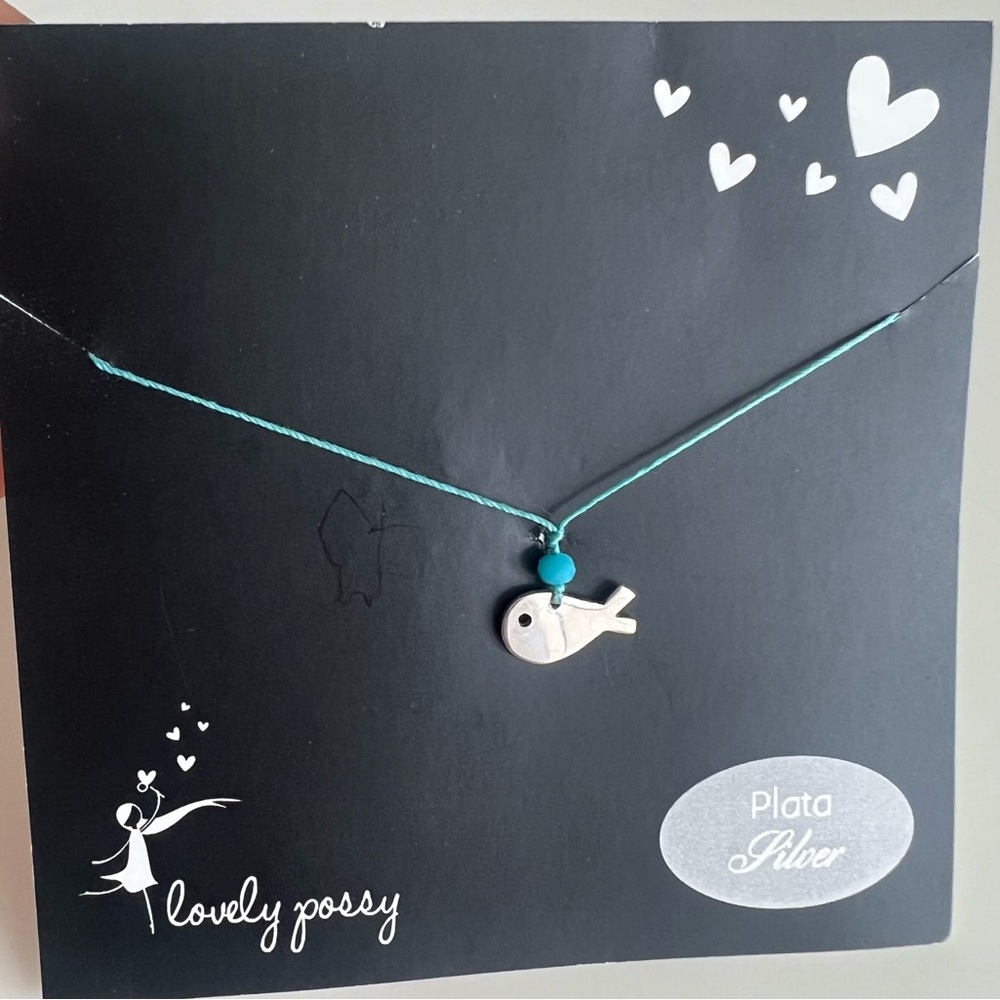 Cute fish charm necklace in silver 925 with light blue thread